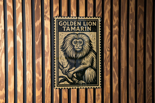 A poster of a golden lion tamarin is displayed on a wooden wall.