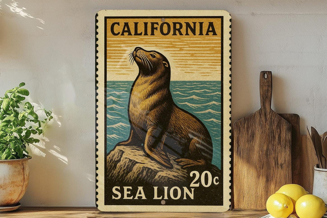A vintage California postage stamp featuring a sea lion on a rock, with the text "California Sea Lion" and "20c Sea Lion" printed on it.