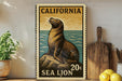 A vintage California postage stamp featuring a sea lion on a rock, with the text "California Sea Lion" and "20c Sea Lion" printed on it.