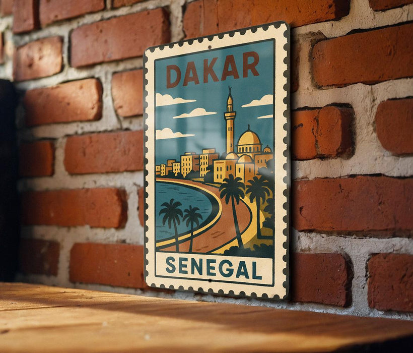 A vintage-style metal sign with a cityscape and palm trees, mounted on a brick wall.