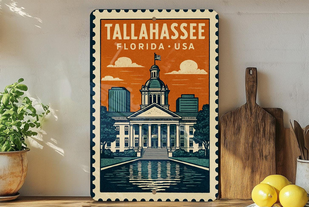 A framed vintage-style poster of Tallahassee, Florida, USA, featuring a cityscape with a dome-shaped building and a body of water in the foreground.