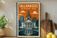 A framed vintage-style poster of Tallahassee, Florida, USA, featuring a cityscape with a dome-shaped building and a body of water in the foreground.