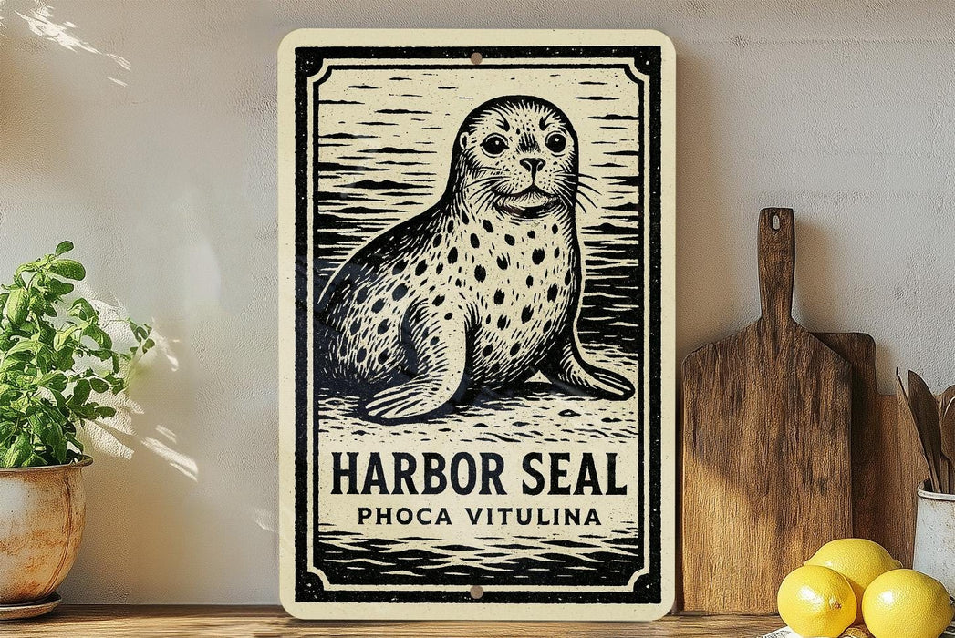A metal sign featuring a black and white illustration of a seal, with the text "HARBOR SEAL PHOCA VITULINA" below it.