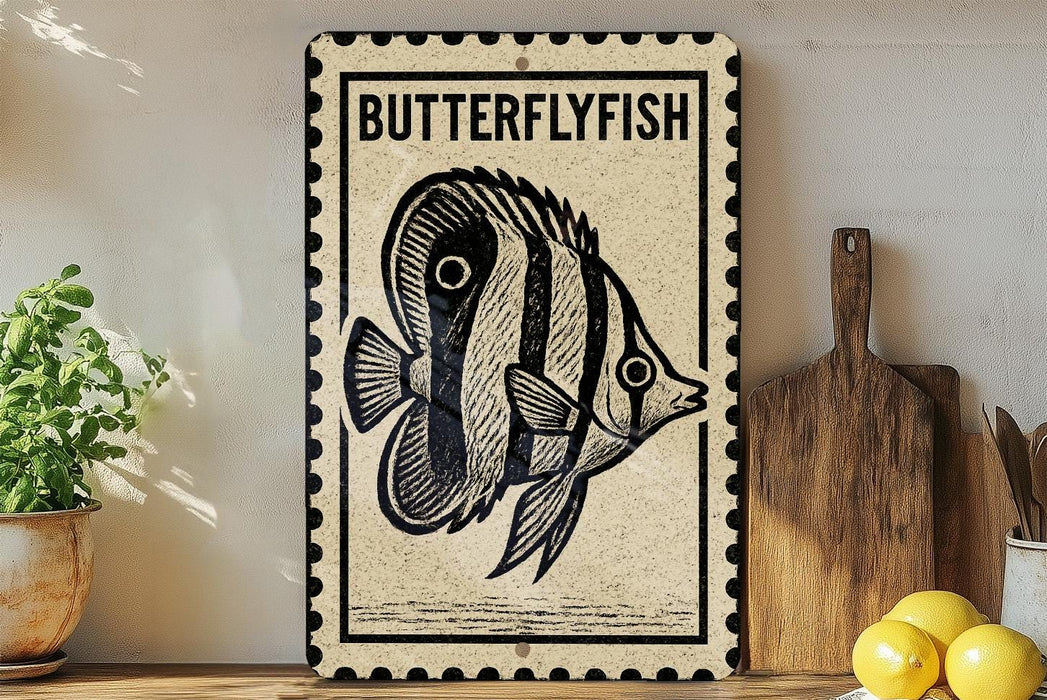 Butterflyfish Metal Sign – Vintage Stamp Style Wall Art for Beach House, Coastal Decor, Nautical Fish Plaque