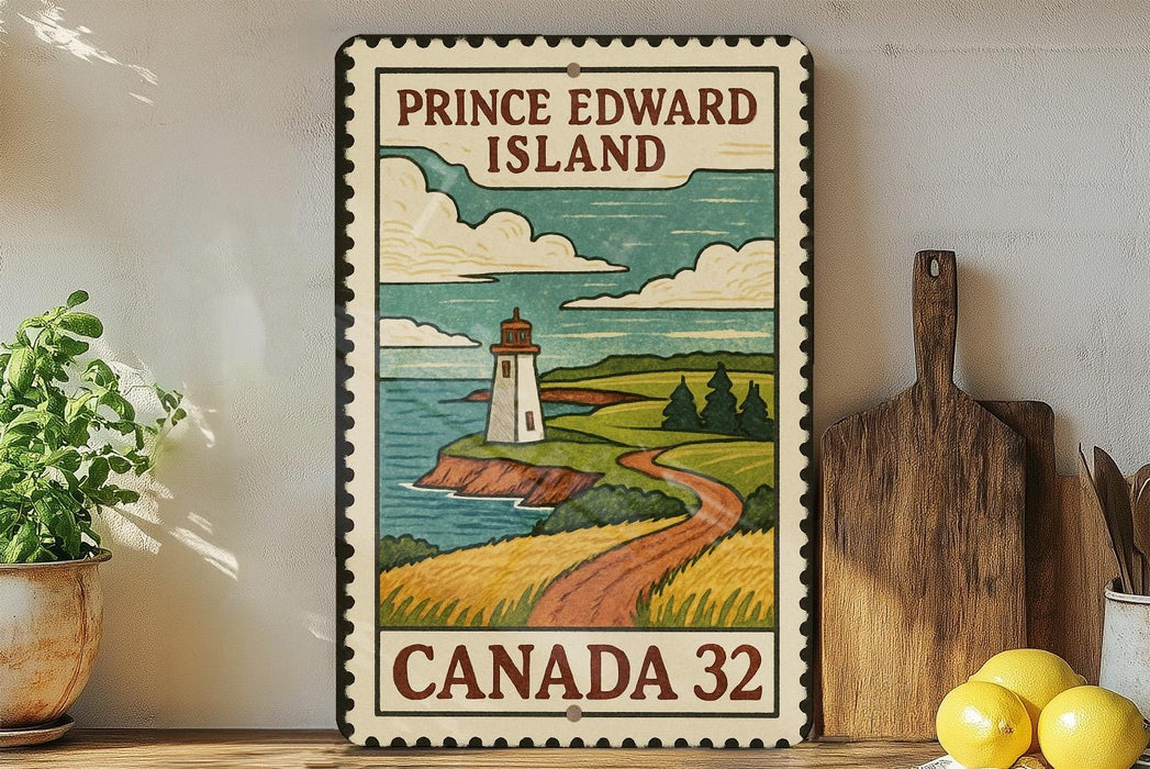 A vintage-style metal sign depicting a lighthouse on Prince Edward Island, Canada, with a scenic landscape in the background.