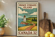A vintage-style metal sign depicting a lighthouse on Prince Edward Island, Canada, with a scenic landscape in the background.