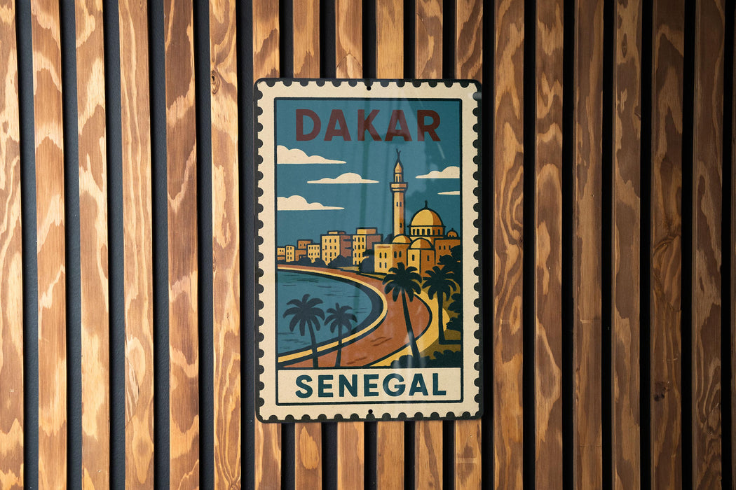 A vintage postage stamp depicting Dakar, Senegal, with a cityscape and palm trees.
