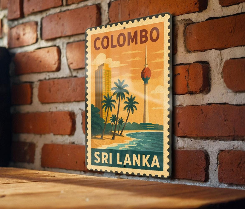 A vintage-style stamp depicting a tropical beach scene with palm trees, a tower, and a body of water, mounted on a brick wall.