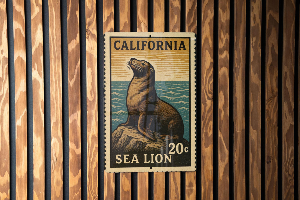 A California Sea Lion postage stamp is displayed on a wooden wall.