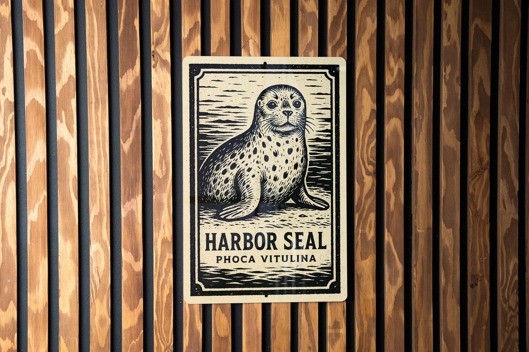A sign featuring a seal is mounted on a wooden wall.