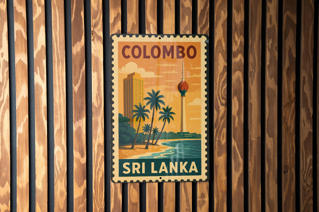 A vintage-style metal sign with the text "COLOMBO" and "SRI LANKA" is displayed on a wooden wall.