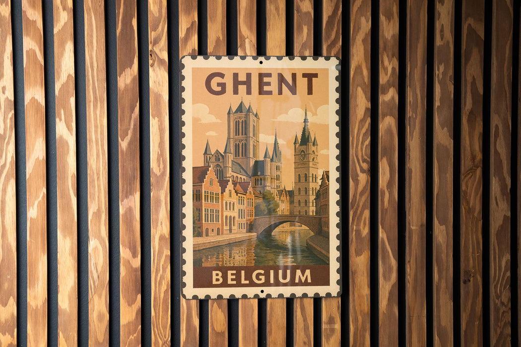 A vintage postage stamp from Belgium featuring a cityscape with a castle and a bridge, mounted on a wooden wall.