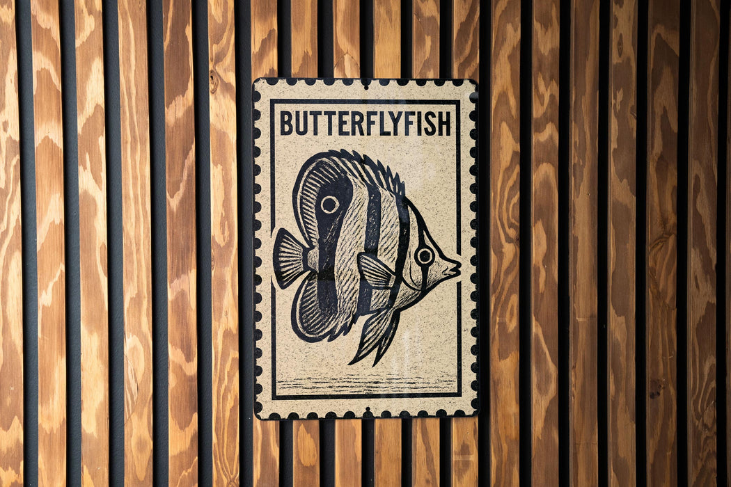 A metal sign with a butterfly fish illustration is mounted on a wooden wall.