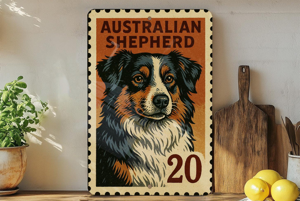 a vintage-style Australian Shepherd dog poster with the number 20 on it, displayed on a wall next to a wooden cutting board and some potted plants.
