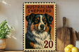 a vintage-style Australian Shepherd dog poster with the number 20 on it, displayed on a wall next to a wooden cutting board and some potted plants.