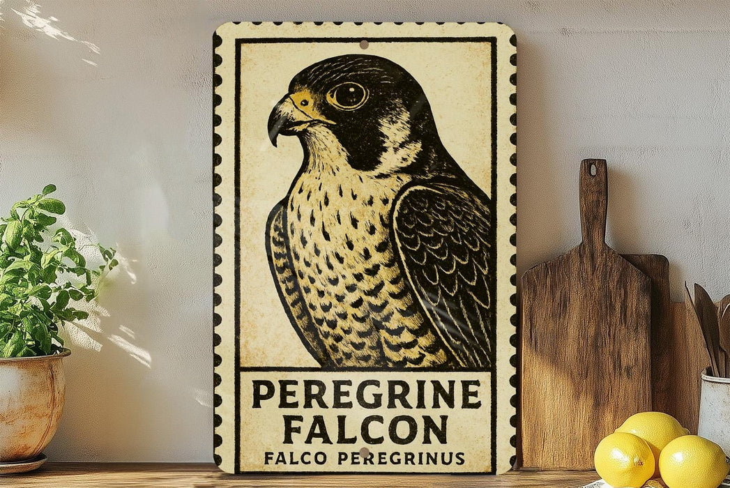 a framed poster of a peregrine falcon, with a wooden cutting board and a potted plant to the side.