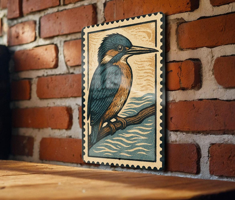 A framed illustration of a blue and orange bird, possibly a kingfisher, perched on a branch against a brick wall.