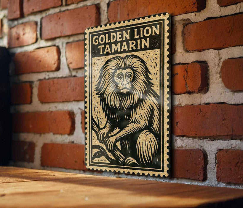 A wooden table with a large, ornate stamp featuring a lion's face on it, mounted on a brick wall.