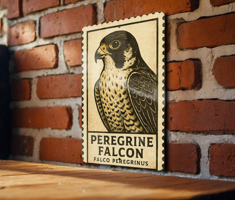 A framed image of a peregrine falcon is displayed on a brick wall, with the text "Peregrine Falcon" and "FALCO PÉGRINUS" printed on it.