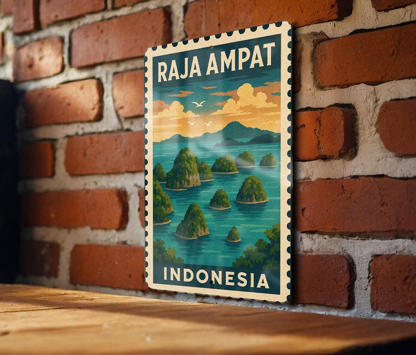 A vintage postage stamp depicting a tropical island landscape with palm trees and water, hanging on a brick wall.