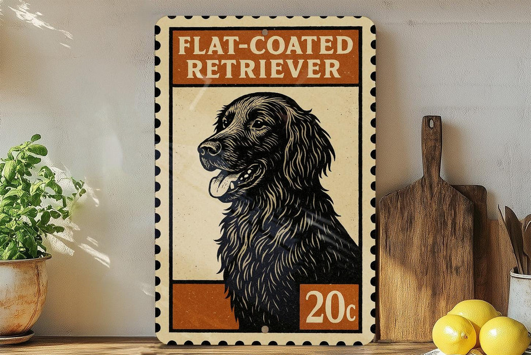A vintage-style sign featuring a black flat-coated retriever dog, with the text "FLAT-COATED RETRIEVER" and a price of "20c". The sign is displayed on a wooden shelf, with a potted plant and a wooden cutting board visible in the background.