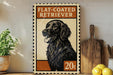 A vintage-style sign featuring a black flat-coated retriever dog, with the text "FLAT-COATED RETRIEVER" and a price of "20c". The sign is displayed on a wooden shelf, with a potted plant and a wooden cutting board visible in the background.