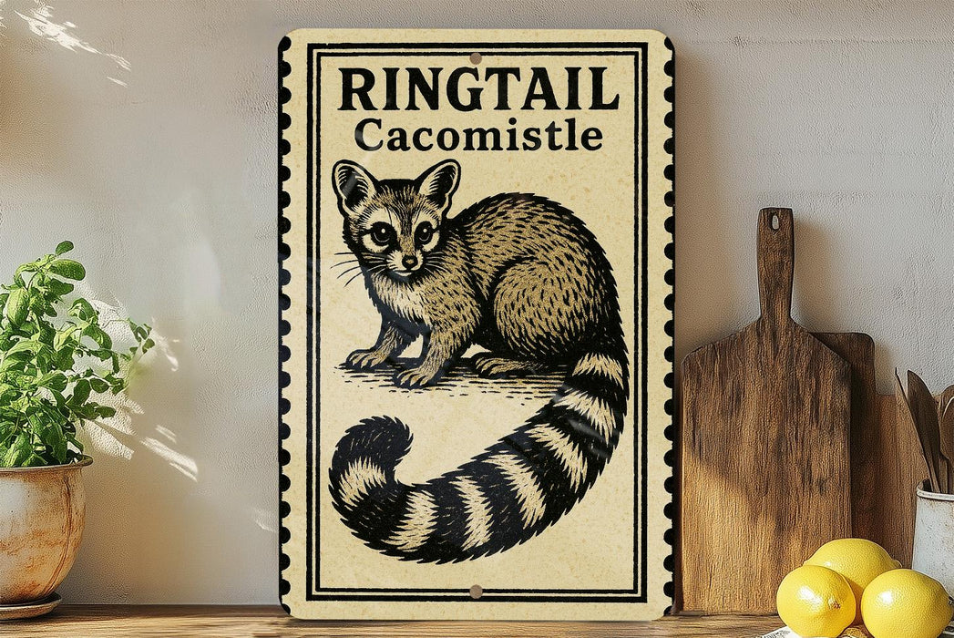 A sign featuring a raccoon or badger illustration, with the text "RINGTAIL Cacomistle" displayed prominently.