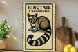 A sign featuring a raccoon or badger illustration, with the text "RINGTAIL Cacomistle" displayed prominently.