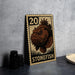 A metal sign featuring a stonefish illustration and the number 20, placed on a table next to some black camera lenses.