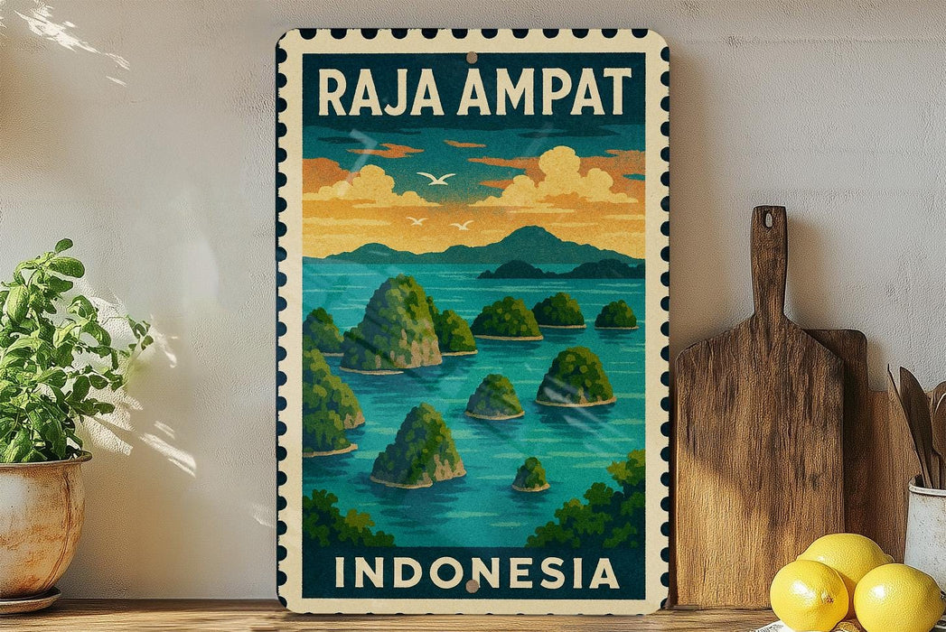 A vintage-style postage stamp from Indonesia depicting a tropical island landscape with palm trees, water, and mountains.