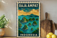 A vintage-style postage stamp from Indonesia depicting a tropical island landscape with palm trees, water, and mountains.