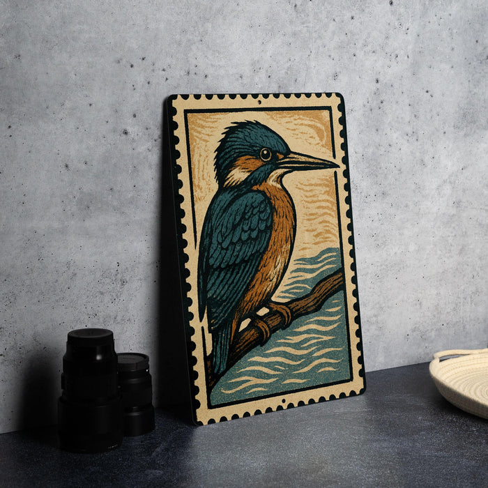 a framed illustration of a colorful bird perched on a branch, with a decorative border around the edges.