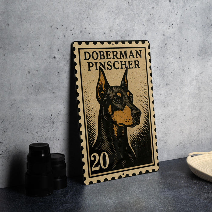 A metal sign featuring a Doberman Pinscher dog, with the number 20 printed on it, is displayed on a table.