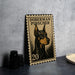 A metal sign featuring a Doberman Pinscher dog, with the number 20 printed on it, is displayed on a table.