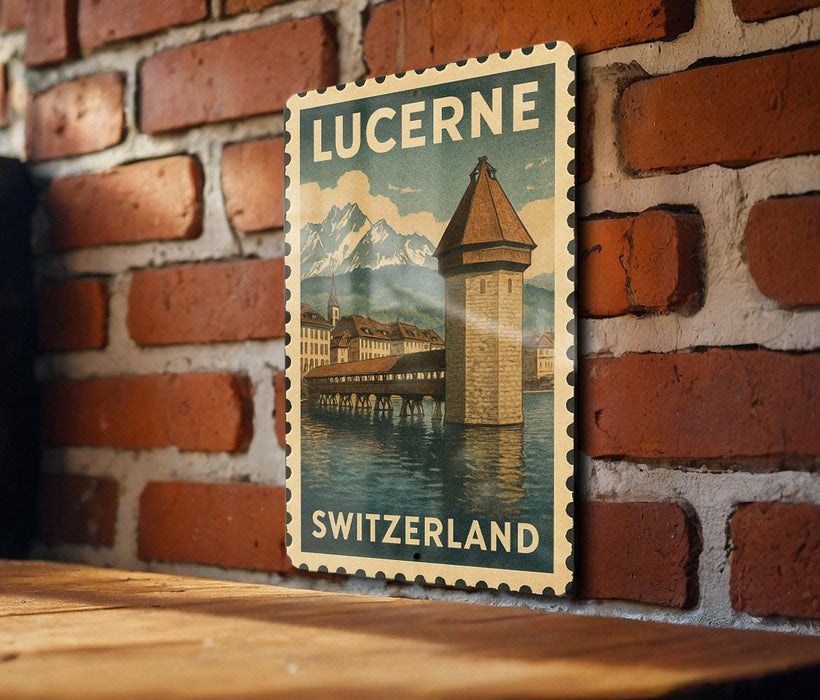A vintage-style postage stamp depicting the Swiss Tower in Lucerne, Switzerland, hanging on a brick wall.