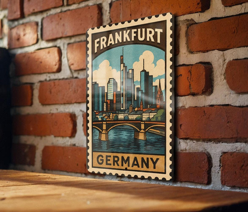 A vintage-style postage stamp depicting the city of Frankfurt, Germany, with a bridge and skyline in the background.