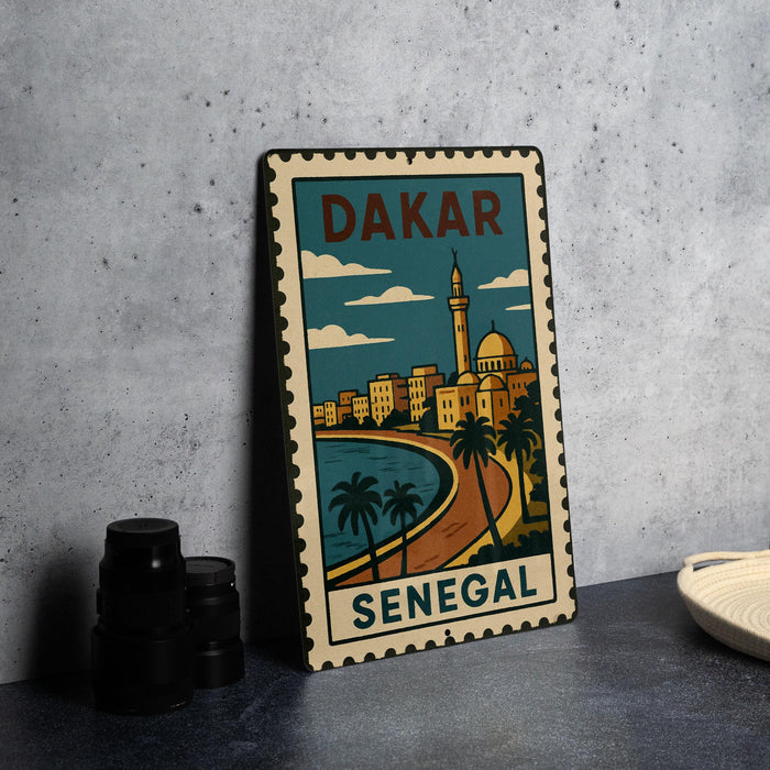 A vintage-style metal stamp depicting Dakar, Senegal, with a cityscape and palm trees.