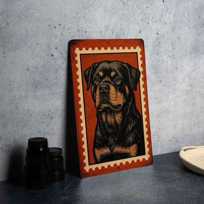 a framed illustration of a dog, specifically a Rottweiler, on a wall.