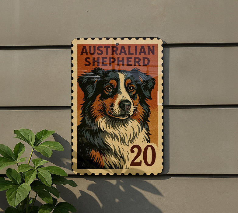 a stamp-like sign with an illustration of an Australian Shepherd dog, mounted on a wall.