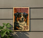 a stamp-like sign with an illustration of an Australian Shepherd dog, mounted on a wall.