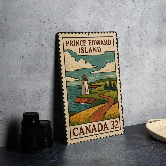 A metal sign with a lighthouse and a coastal landscape, featuring the text "PRINCE EDWARD ISLAND" and "CANADA 32".