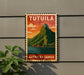 A vintage-style sign for Tutuila, an island in American Samoa, featuring a mountain landscape with a body of water in the background.