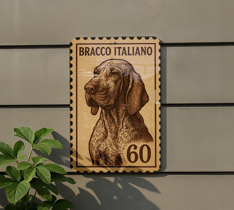 A wooden postage stamp featuring a bracco italiano dog, with the number 60 below the dog's head.