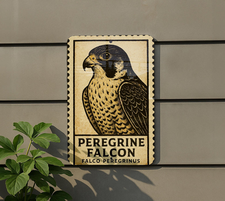 a sign with a picture of a peregrine falcon, mounted on a wall.