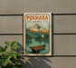 A vintage-style sign for Pokhara, Nepal, featuring a mountain landscape with a boat on the water.