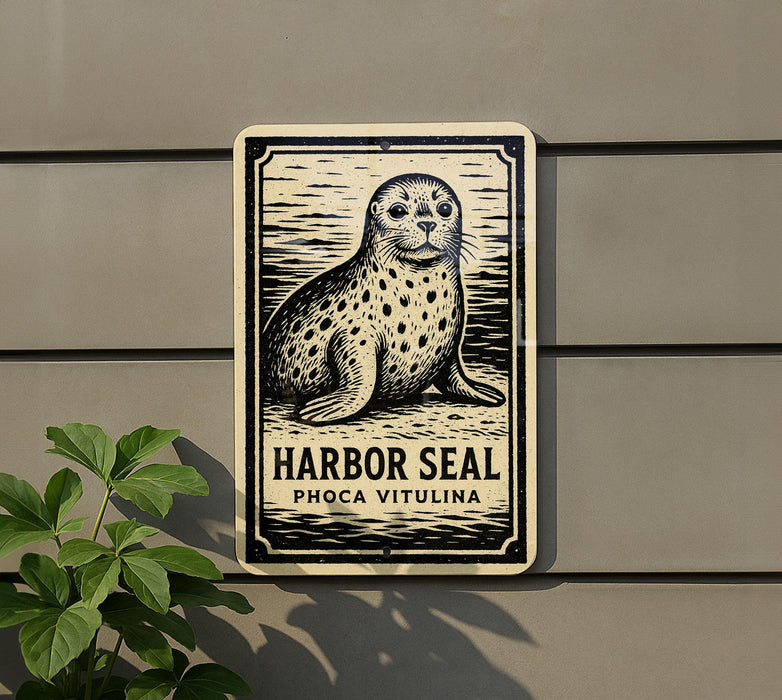 a sign with a seal illustration, mounted on a wall next to a plant.