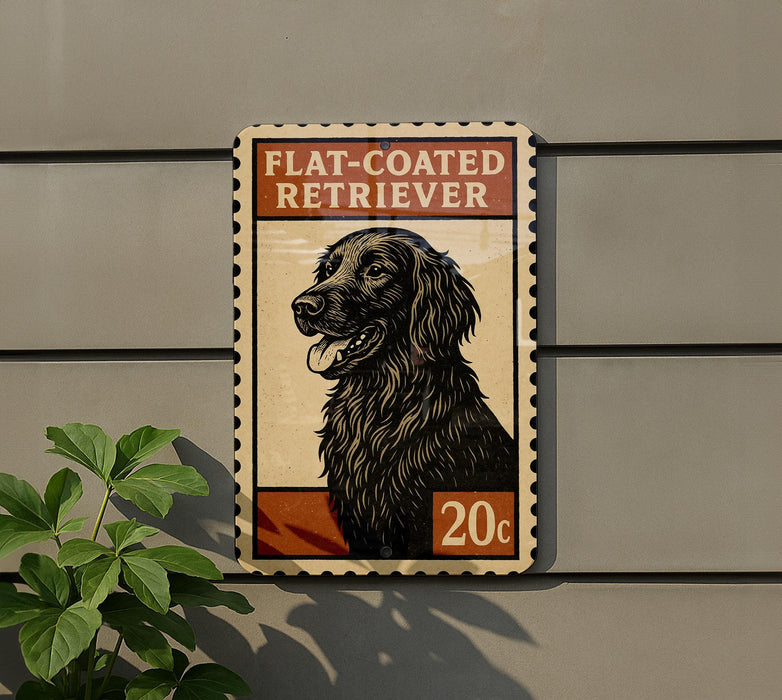 A sign featuring a black flat-coated retriever dog, with the text "FLAT-COATED RETRIEVER" and a price of "20c" displayed on it.