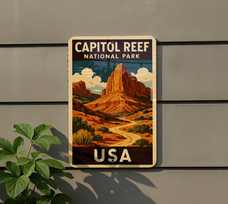 A vintage-style sign for Capitol Reef National Park in the United States, featuring a mountain landscape with a winding road.