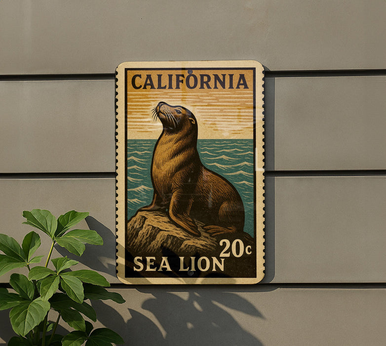 A California Sea Lion stamp with a 20¢ denomination is displayed on a wall, featuring a sea lion sitting on a rock.