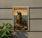 A California Sea Lion stamp with a 20¢ denomination is displayed on a wall, featuring a sea lion sitting on a rock.